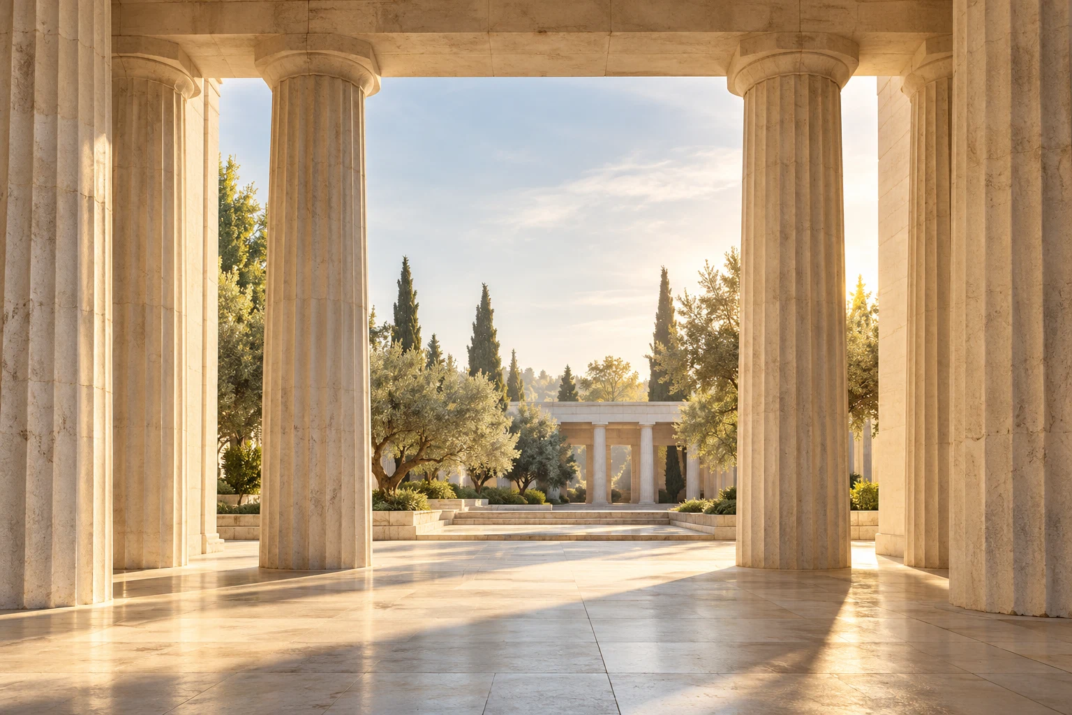 Greek Doric columns forming a gateway, symbolising the foundations of knowledge and WKA Advocates’ multidisciplinary approach to law