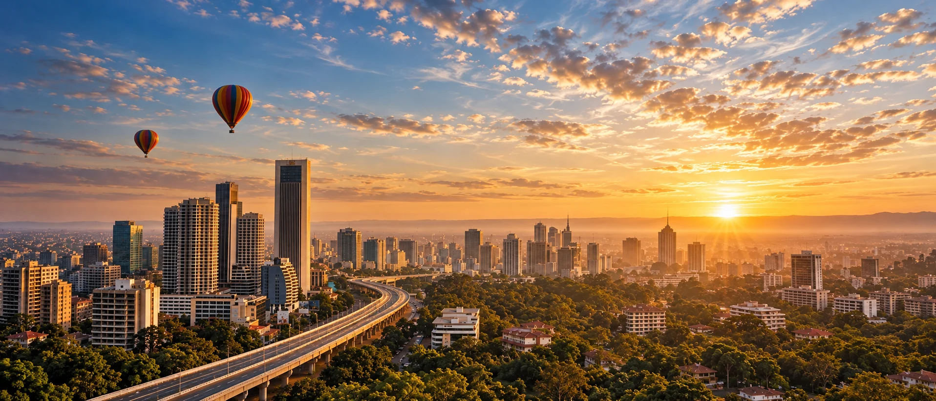 Creative Nairobi skyline at sunrise, welcoming clients to Kenya