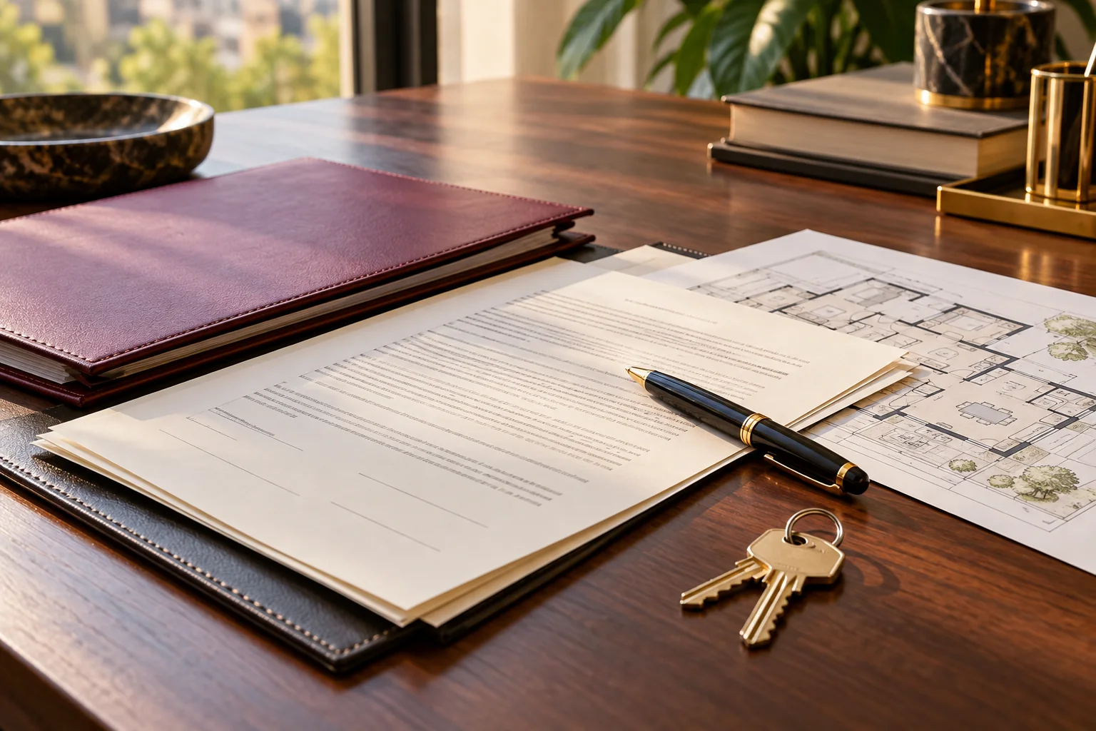 AI-generated illustration of property purchase documents, a floor plan, pen and house keys